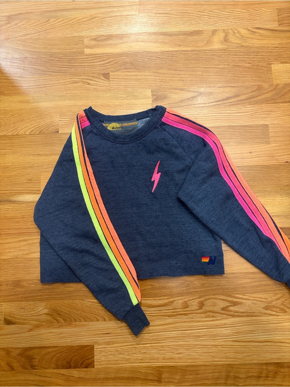 Aviator Nation Navy Cropped Crew with Neon Stripes